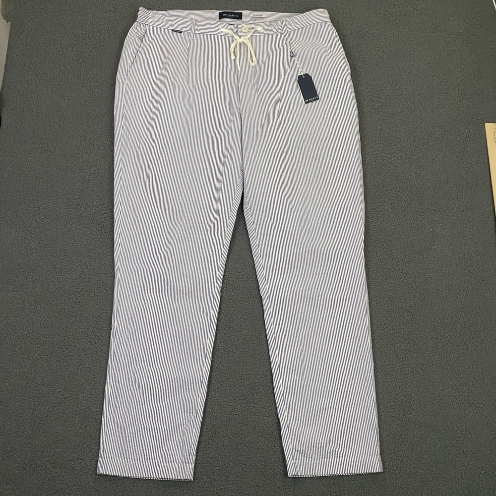 Mr Marvis Seersucker Pants Mens 40x32 Blue Stripe Elastic Waist Drawstring Chino